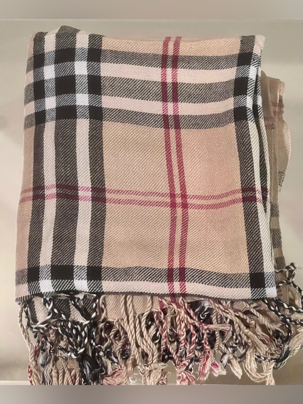 Plaid Fringe Scarf in Light Beige, Black & Red